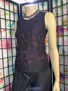 Part Two Black Lace Overlay Tank with Burgundy Underlay
